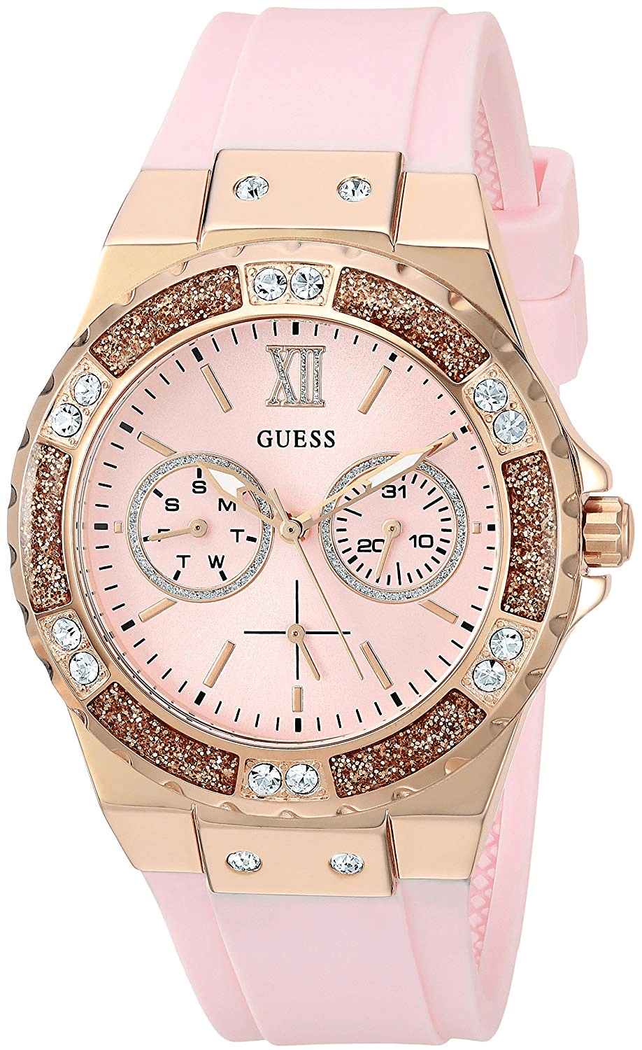 Guess Rose Gold Dial with Diamonds Pink Rubber Strap Watch For Women - W1053L3