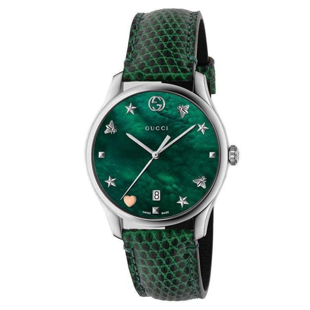 Gucci G-Timeless Green Mother of Pearl Dial Green Leather Strap Watch For Women - YA126585