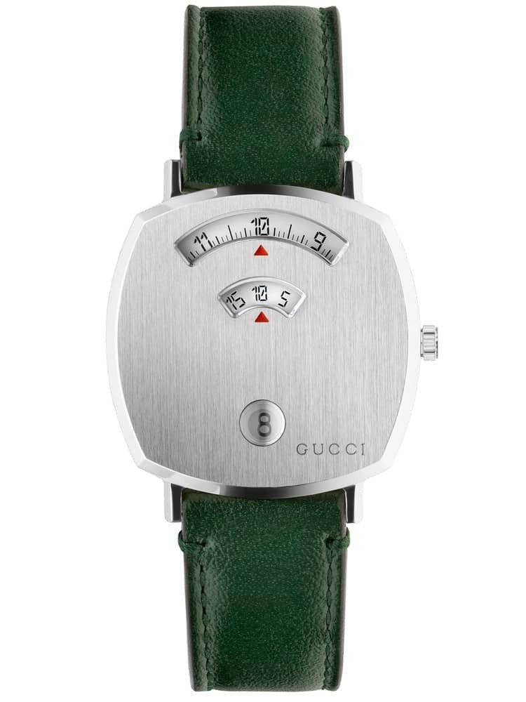  Shop Authentic Gucci Grip Quartz Silver Dial Green Leather Strap Unisex Watch - YA157406 - Luxxuri