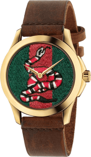 Gucci Le Marche Des Merveilles Green and Red Dial Brown Leather Strap Unisex Watch - YA1264012