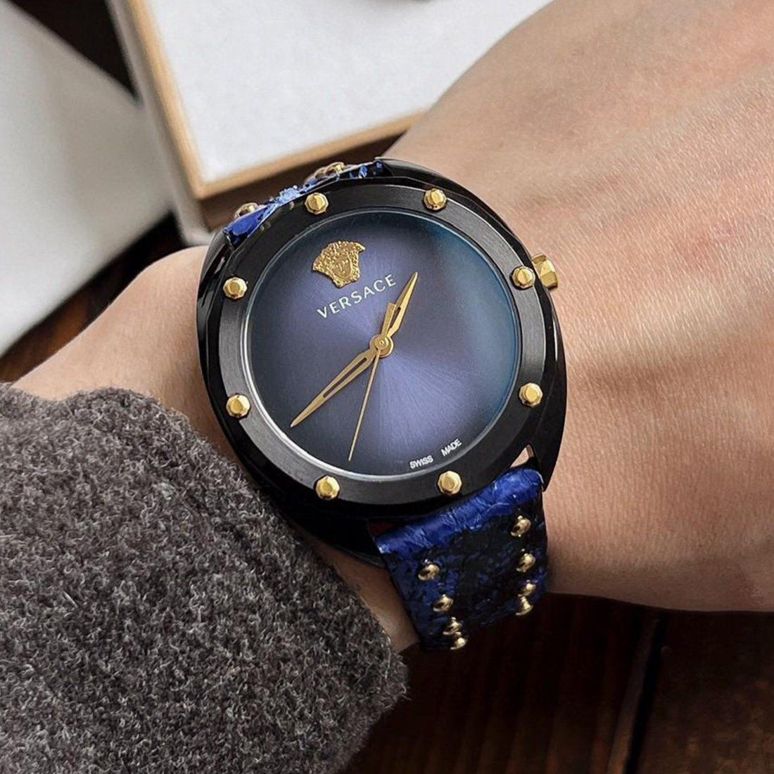 Versace Shadov Quartz Black Dial Blue Leather Strap Watch for Men - VEBM00418
