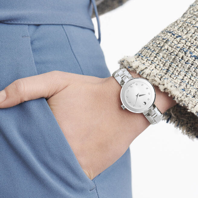 Movado Sapphire Diamonds Silver Dial Silver Steel Strap Watch For Women - 606814