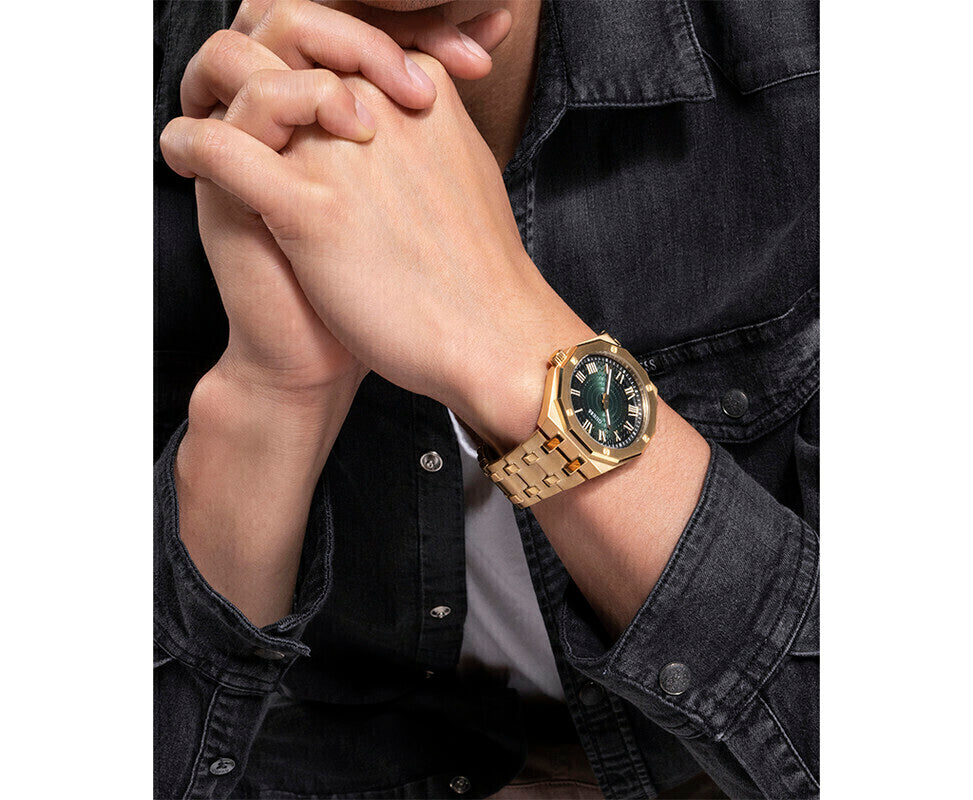 Guess Asset Quartz Green Dial Gold Steel Strap Watch For Men - GW0575G2