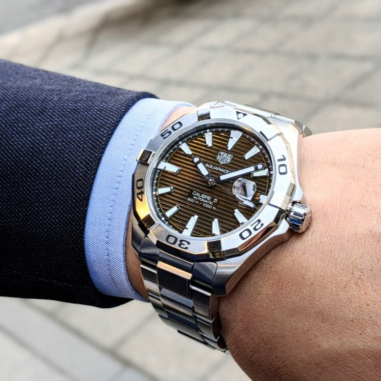 Tag Heuer Aquaracer Calibre 5 Automatic Sunray Brown Dial Silver Steel Strap Watch for Men - WAY2018.BA0927