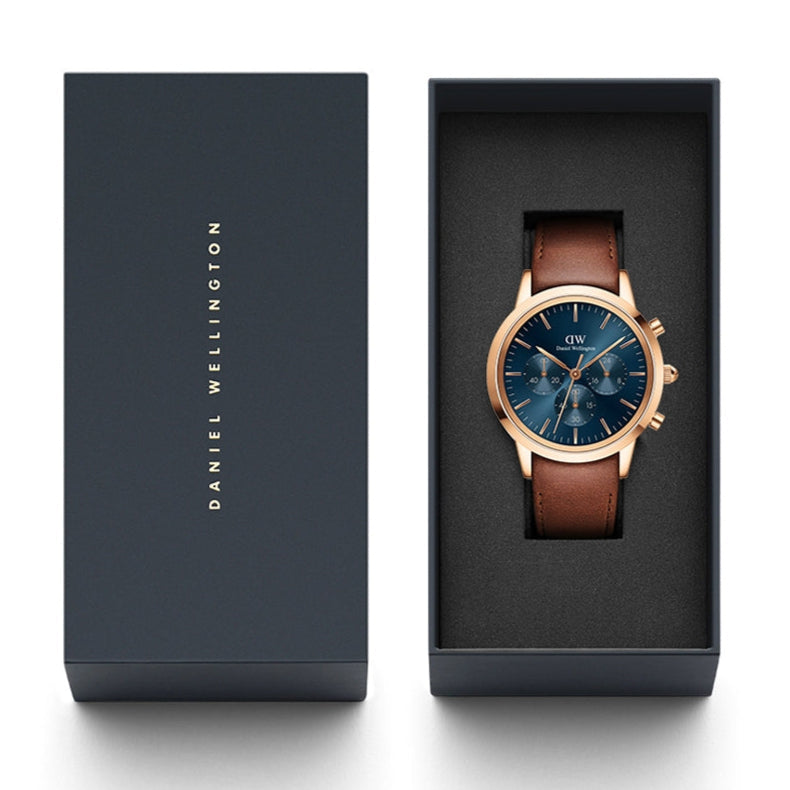 Daniel Wellington Iconic Chronograph Blue Dial Brown Leather Strap Watch For Men - DW00100639