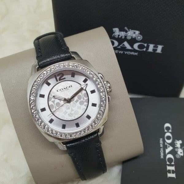 Coach Boyfriend Silver Dial Black Leather Strap Watch for Women - 14503152