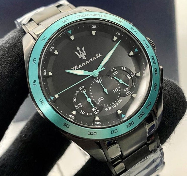 Maserati Traguardo Chronograph Aqua Edition Black Dial Black Steel Strap Watch For Men - R8873644002