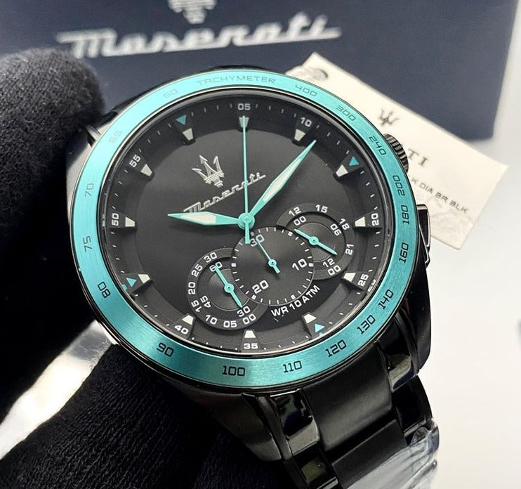 Maserati Traguardo Chronograph Aqua Edition Black Dial Black Steel Strap Watch For Men - R8873644002
