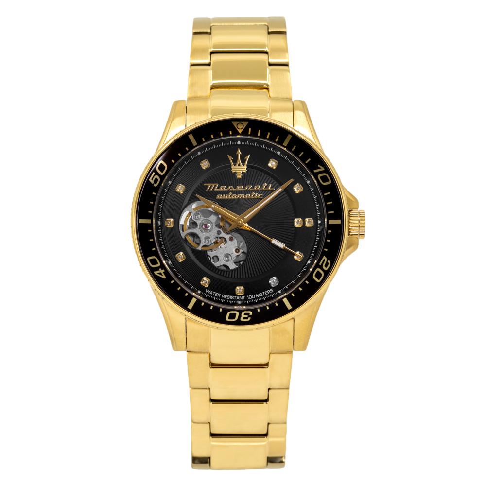 Maserati SFIDA Black Dial Yellow Gold Toned Stainless Steel Watch For Men - R8823140003