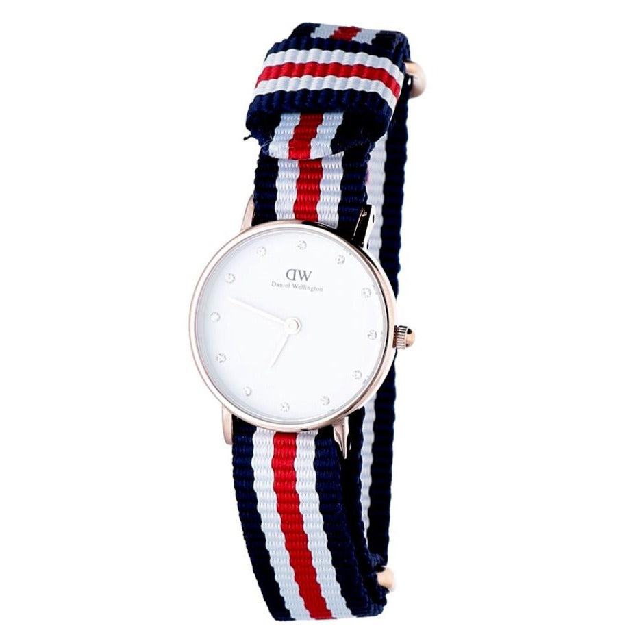 Daniel Wellington Classic Petite Silver Dial Three Tone Nylon Strap Watch for Women - DW00100255