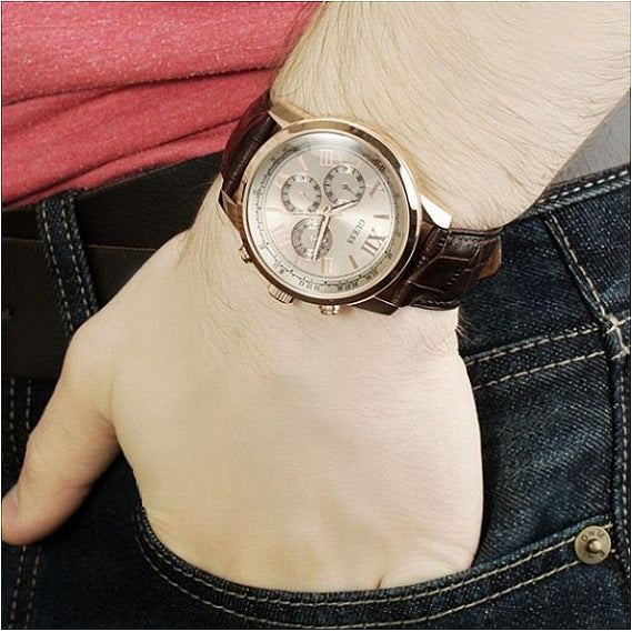 Guess Horizon Quartz Champagne Dial Brown Leather Strap Watch For Women - W0380G4