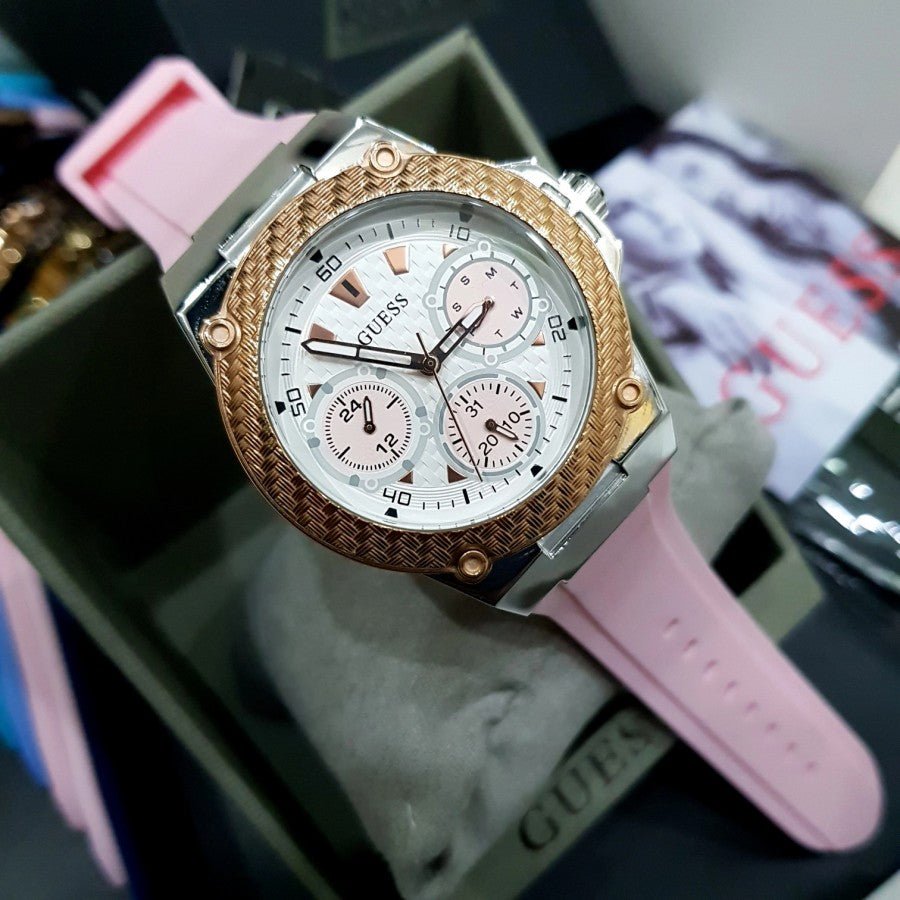 Guess White Dial Pink Silicone Strap Watch For Women - W1049L4