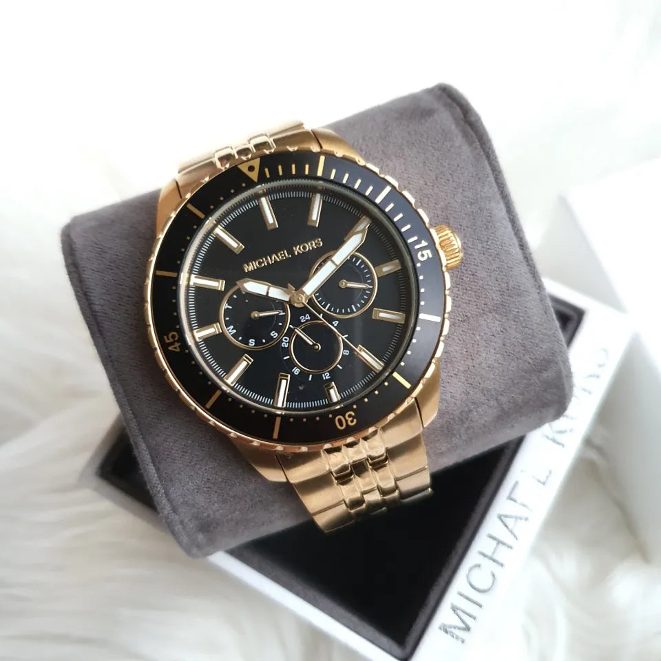 Michael Kors Cunningham Multifunction Black Dial Gold Steel Strap Watch For Men - MK7154