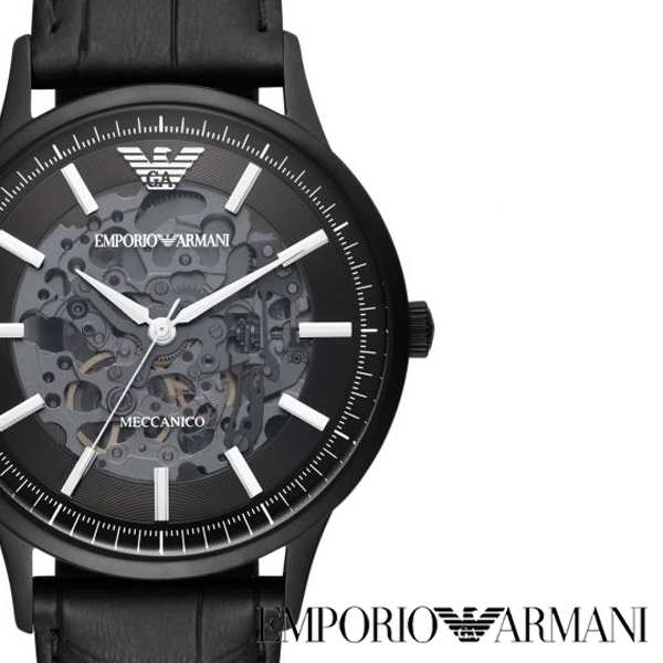 Emporio Armani Meccanico Automatic Skeleton Black Dial Black Leather Strap Watch For Men - AR60042
