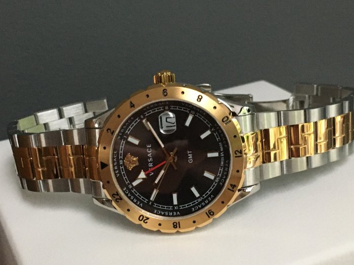 Versace Hellenyium GMT Black Dial Two Tone Steel Strap Watch for Men - V11040015
