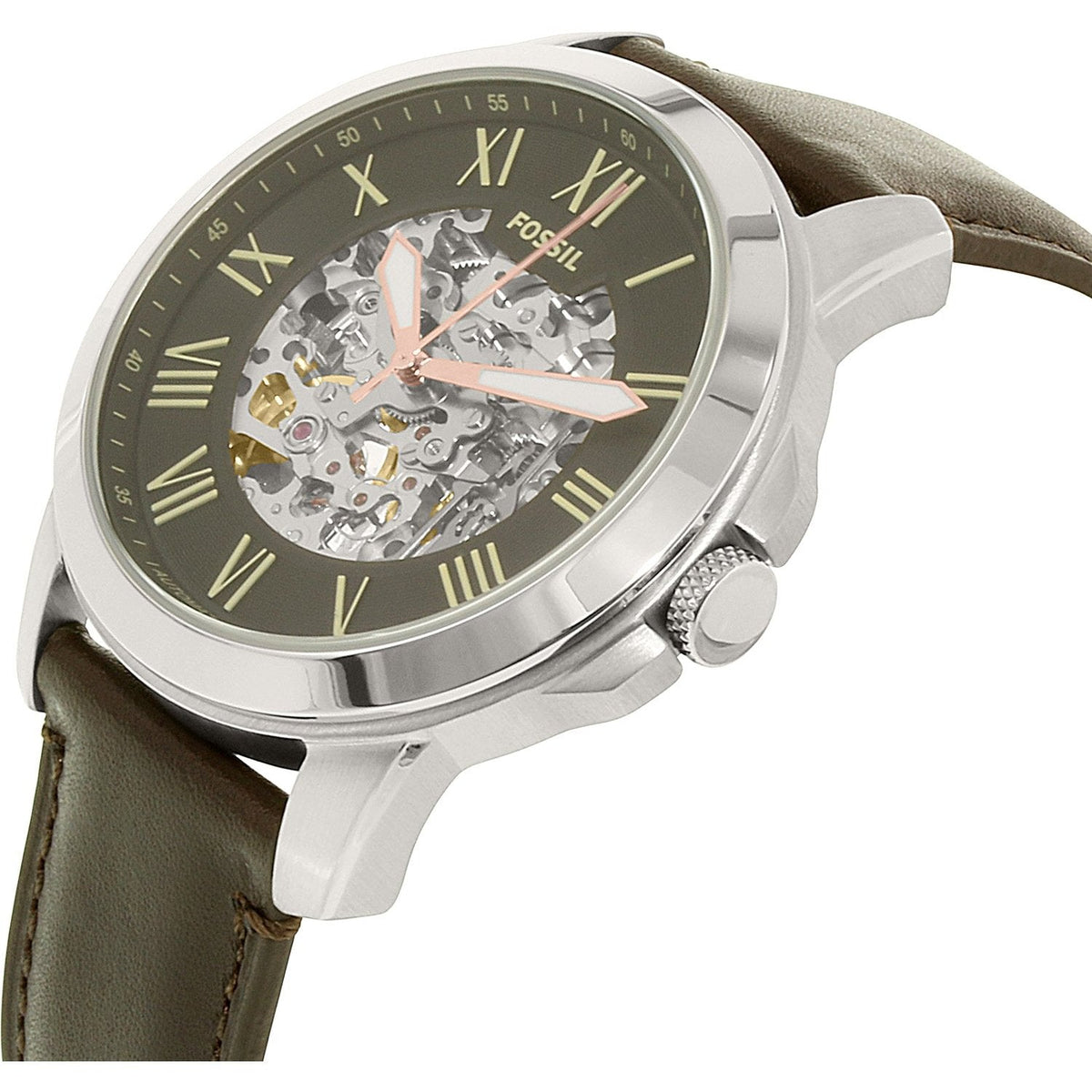 Fossil Grant Automatic Skeleton Black Dial Brown Leather Strap Watch for Men - ME3100