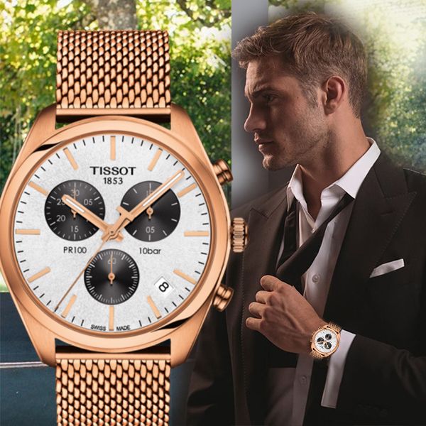 Tissot T Classic PR 100 Chronograph Silver Dial Rose Gold Mesh Bracelet Watch For Men - T101.417.33.031.01