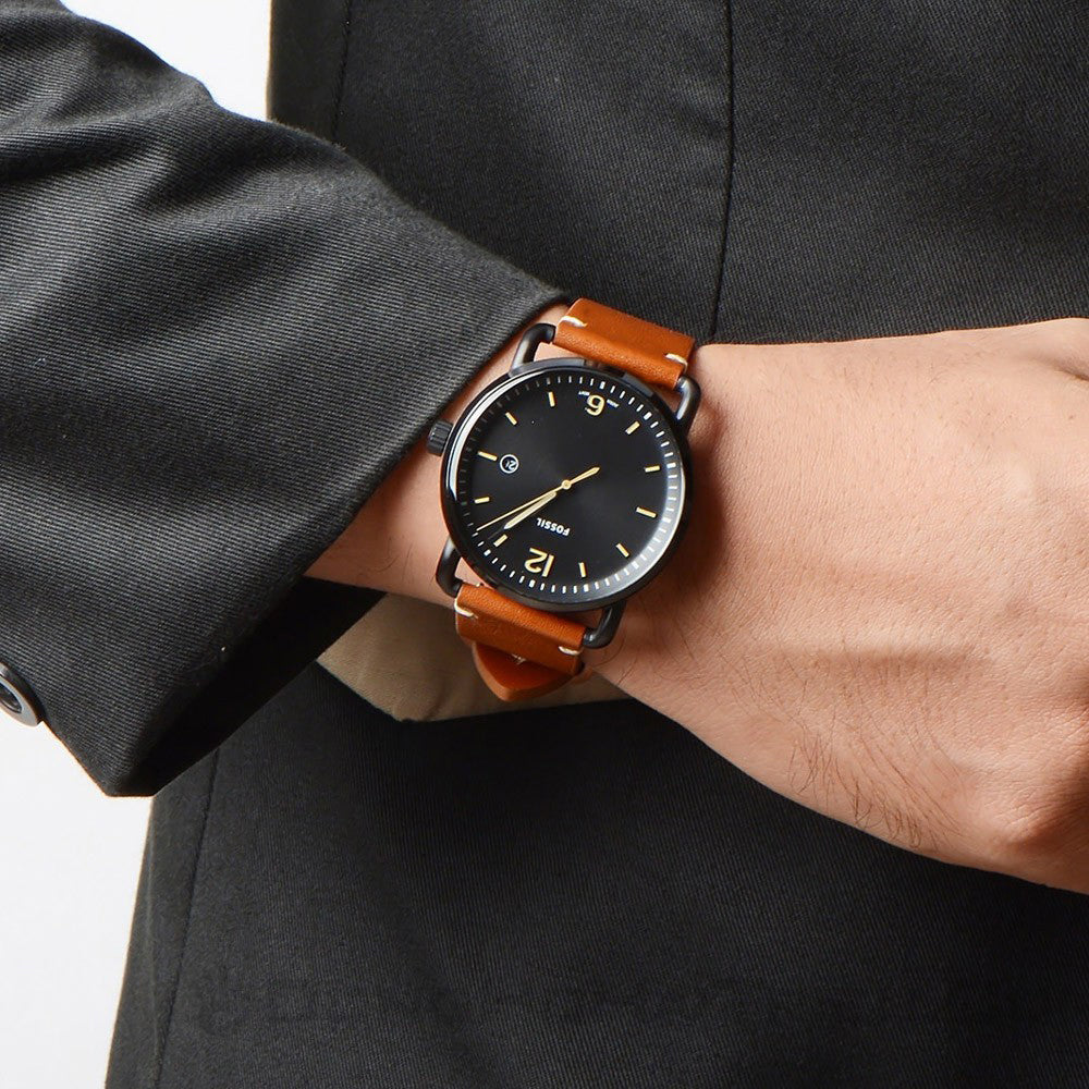 Fossil Commuter Three Hand Date Black Dial Brown Leather Strap Watch for Men - FS5276
