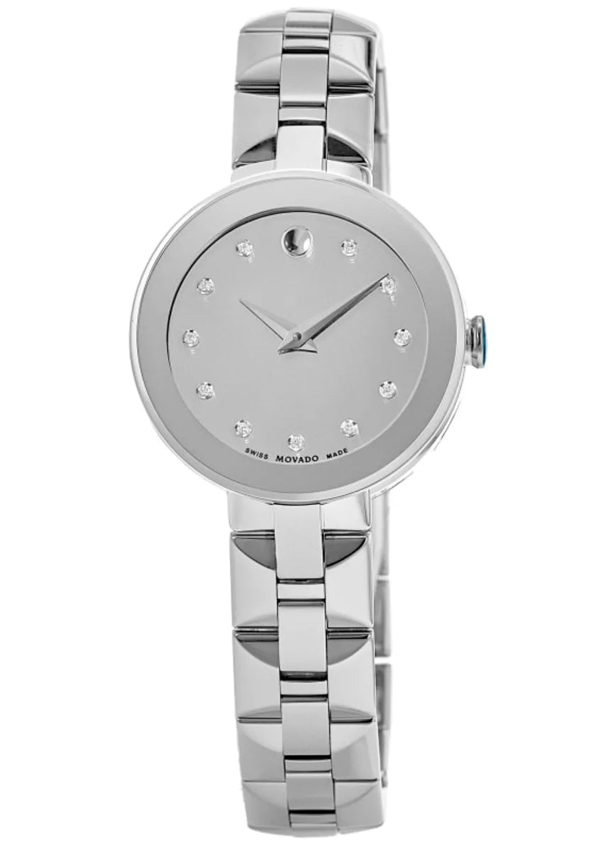 Movado Sapphire Diamonds Silver Dial Silver Steel Strap Watch For Women - 606814