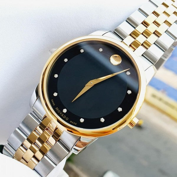 Movado Museum Classic Diamonds Black Dial Two Tone Steel Strap Watch For Men - 0606879