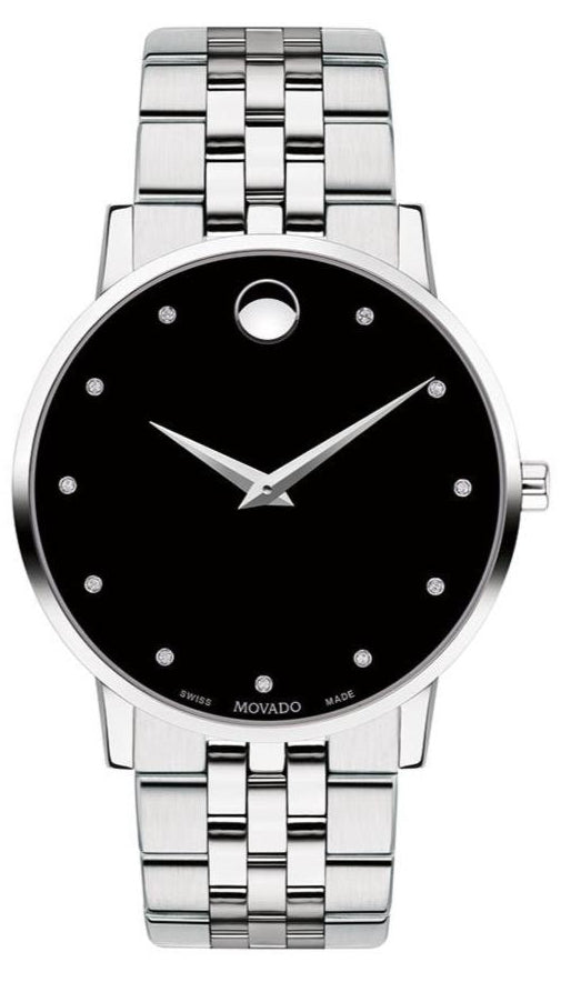 Movado Museum Classic Diamonds Black Dial Silver Steel Strap Watch for Men - 0607201