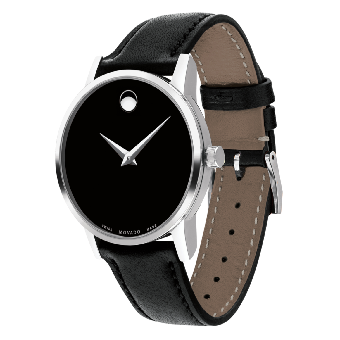 Movado Museum Black Dial Black Leather Strap Watch For Men - 2100002