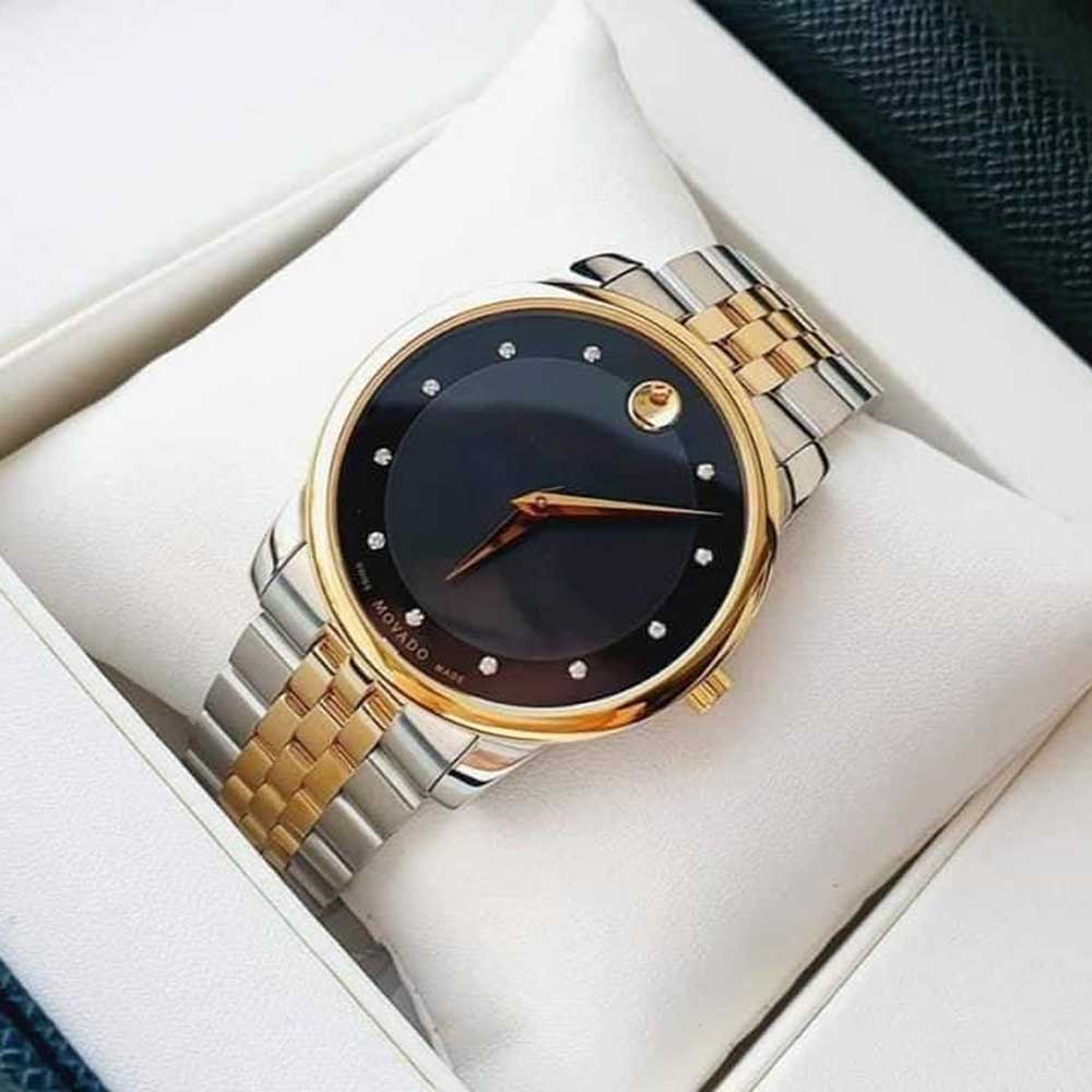 Movado Museum Classic Diamonds Black Dial Two Tone Steel Strap Watch For Men - 0606879
