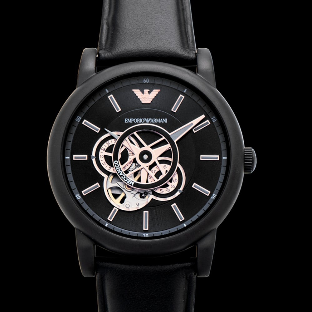 Emporio Armani Luigi Automatic Skeleton Black Dial Black Leather Strap Watch For Men - AR60012