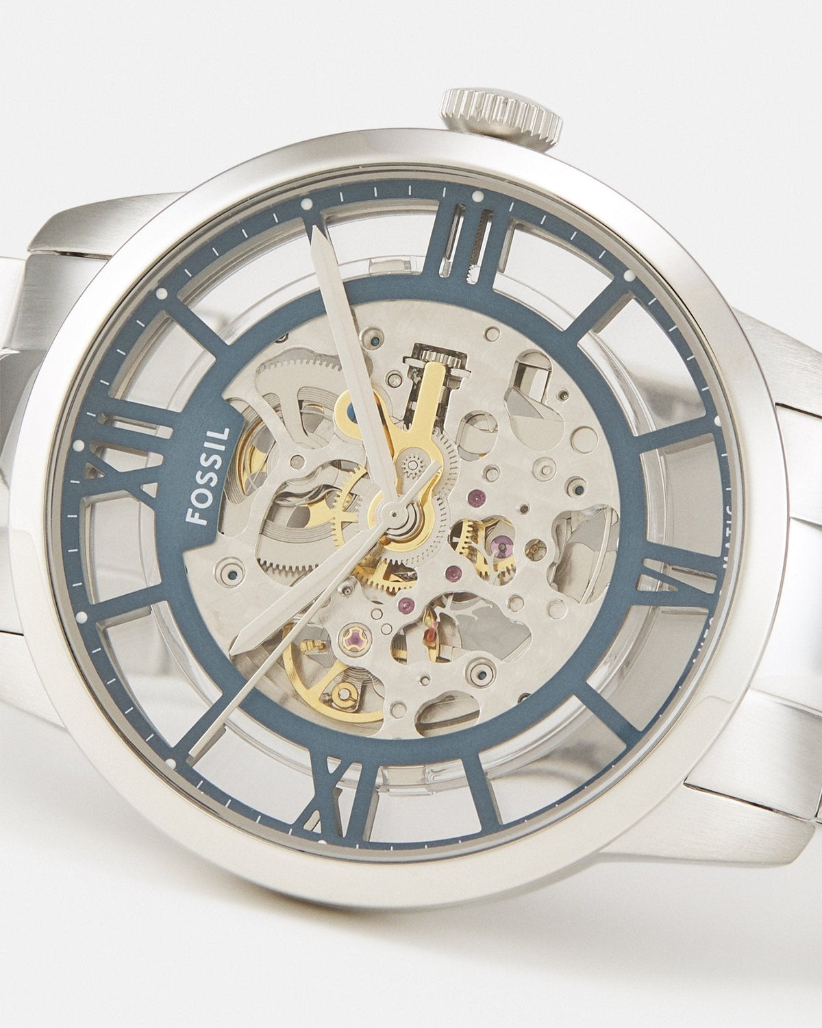 Fossil Townsman Automatic Skeleton Silver Dial Silver Steel Strap Watch for Men - ME3044
