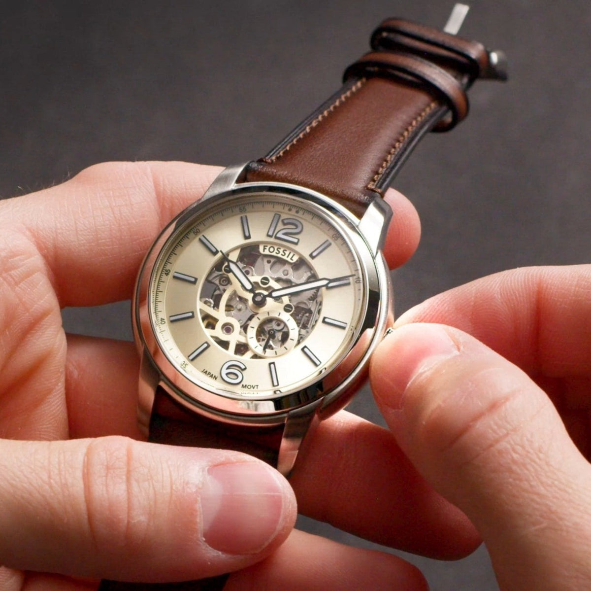 Fossil Neutra Automatic Skeleton White Dial Brown Leather Strap Watch for Men - ME3184