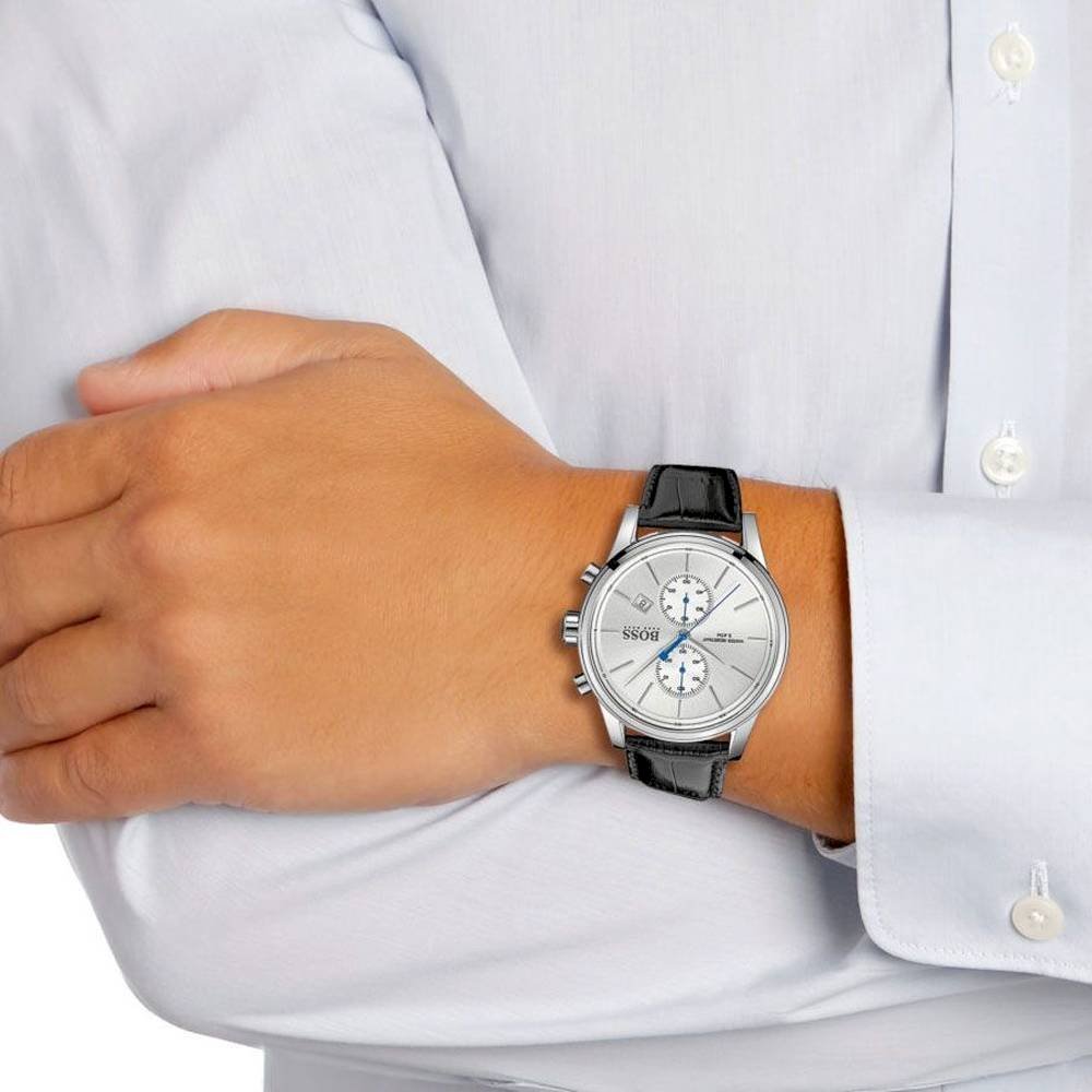 Hugo Boss Jet Chronograph White Dial Black Leather Strap Watch for Men - 1513282