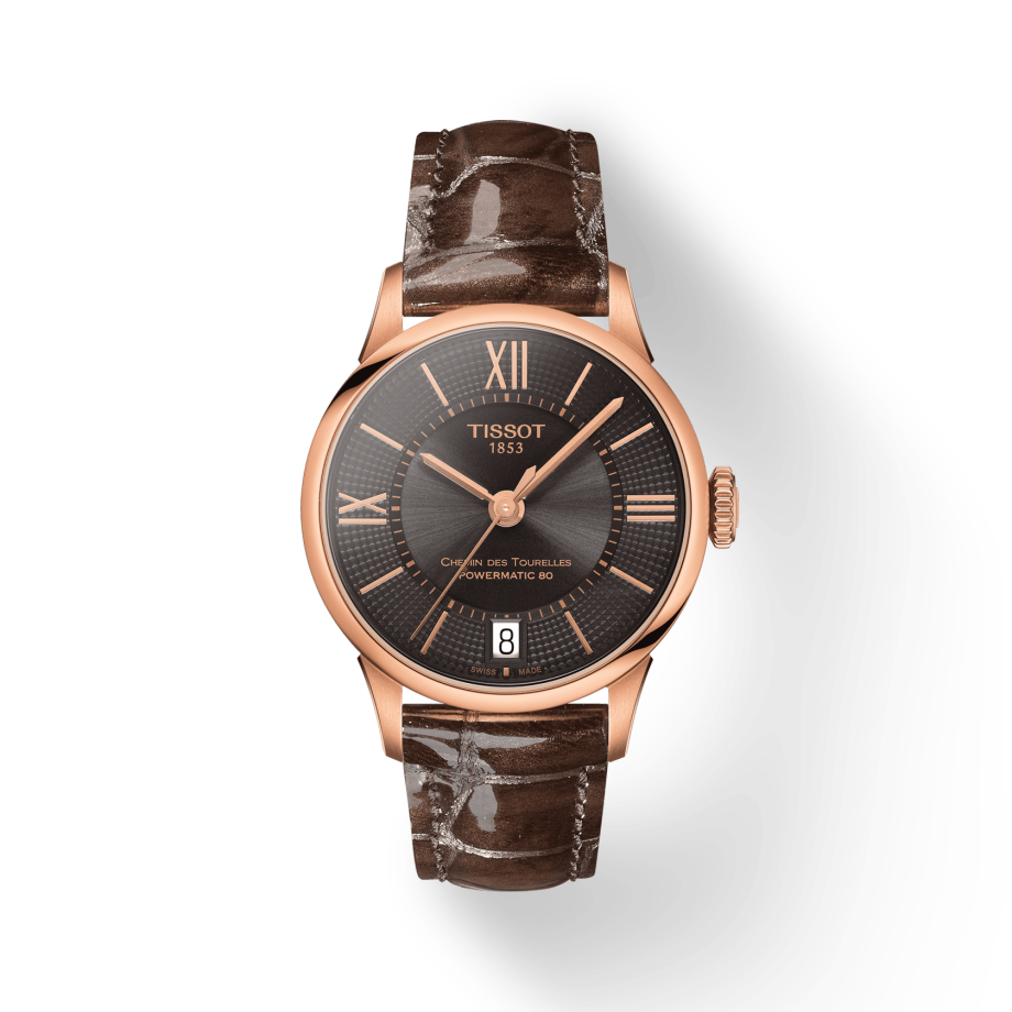 Tissot Chemin Des Tourelles Powermatic 80 Lady Brown Dial Brown Leather Strap Watch For Women - T099.207.36.448.00