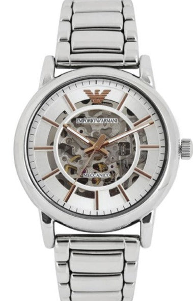 Emporio Armani Meccanico Skeleton Silver Dial Silver Steel Strap Watch For Men - AR1980