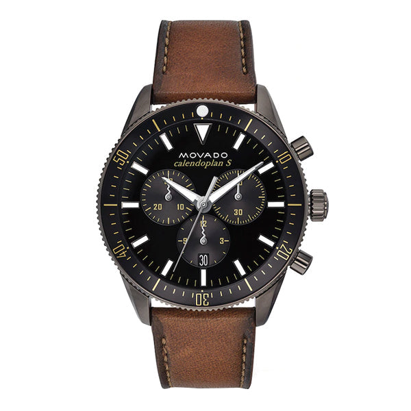 Movado Heritage Series 29mm Calendoplan Chronograph Black Dial Brown Leather Strap Watch For Men - 3650060