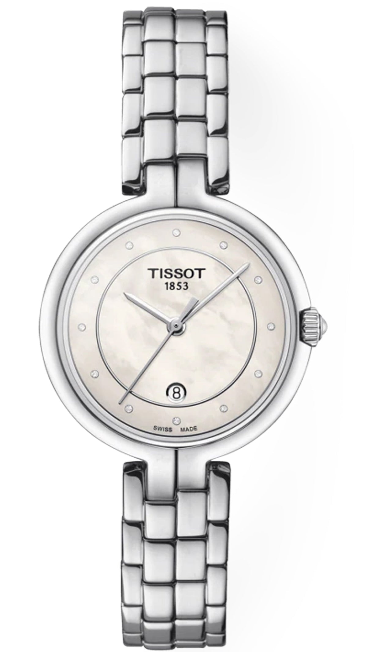 Tissot T Lady Flamingo Diamonds White Dial Silver Steel Strap Watch For Women - T094.210.11.116.01