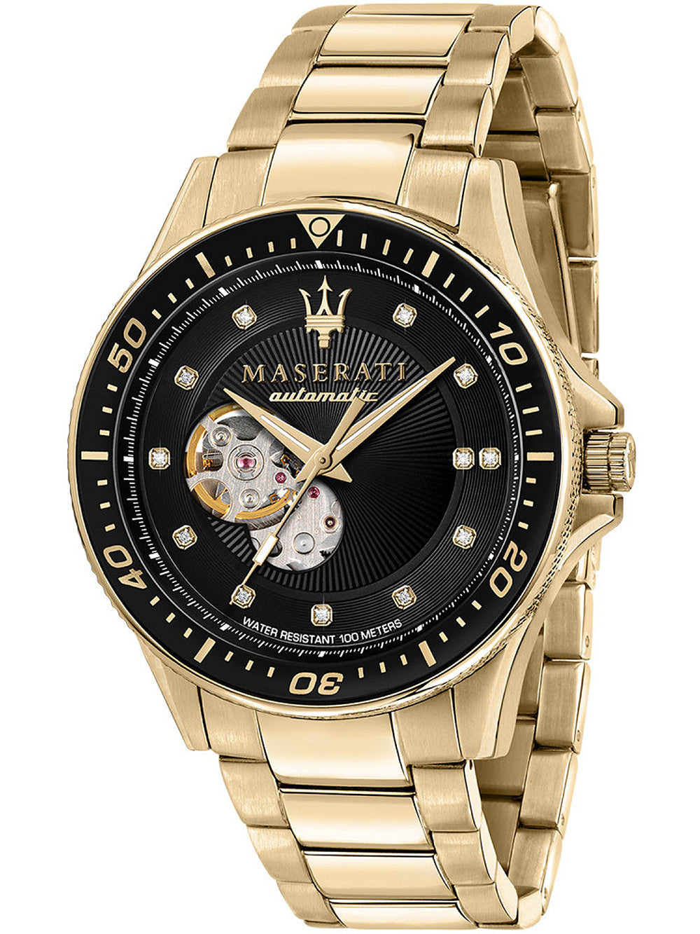 Maserati SFIDA Black Dial Yellow Gold Toned Stainless Steel Watch For Men - R8823140003