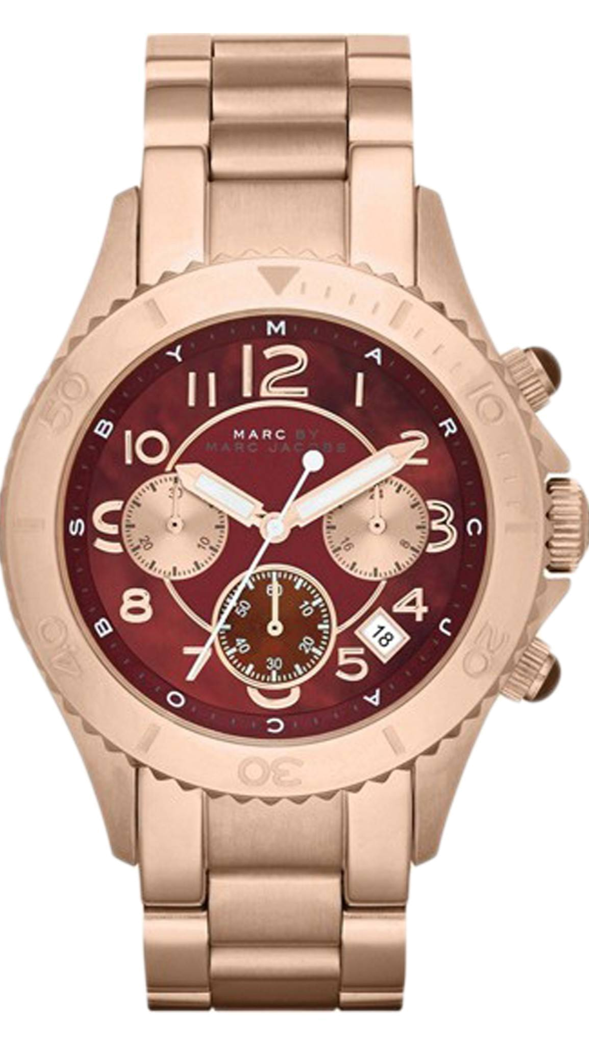 Marc Jacobs Rock Chronograph Mother of Pearl Red Dial Rose Gold Steel Strap Unisex Watch - MBM3251