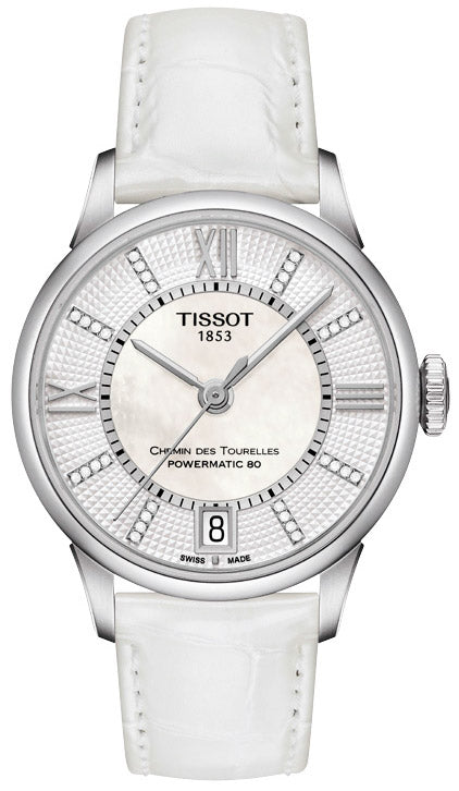 Tissot Chemin Des Tourelles Powermatic 80 Lady White Dial White Leather Strap Watch For Women - T099.207.16.116.00