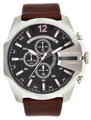 Diesel Mega Chief Chronograph Black Dial Brown Leather Strap Watch For Men - DZ4290