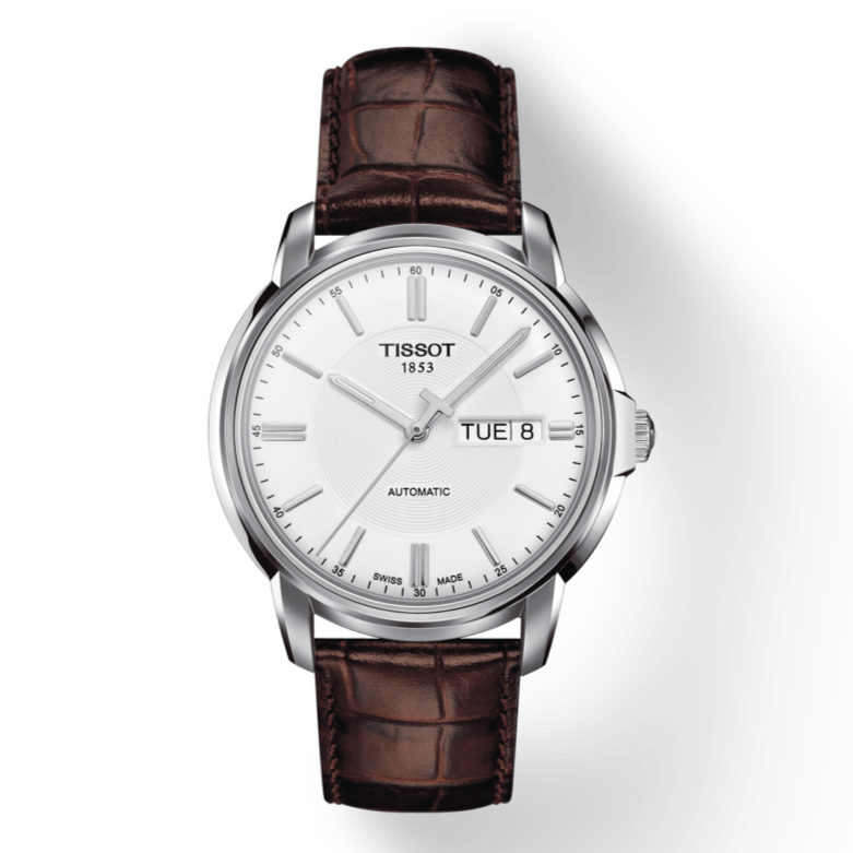 Tissot Automatics III Steel White Dial Brown Leather Strap Watch For Men - T065.430.16.031.00