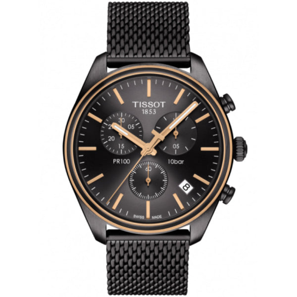 Tissot T Classic PR 100 Chronograph Anthracite Black Dial Black Mesh Bracelet Watch For Men - T101.417.23.061.00