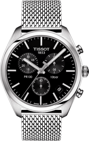 Tissot PR 100 Chronograph Black Dial Silver Mesh Bracelet Watch For Men - T101.417.11.051.01