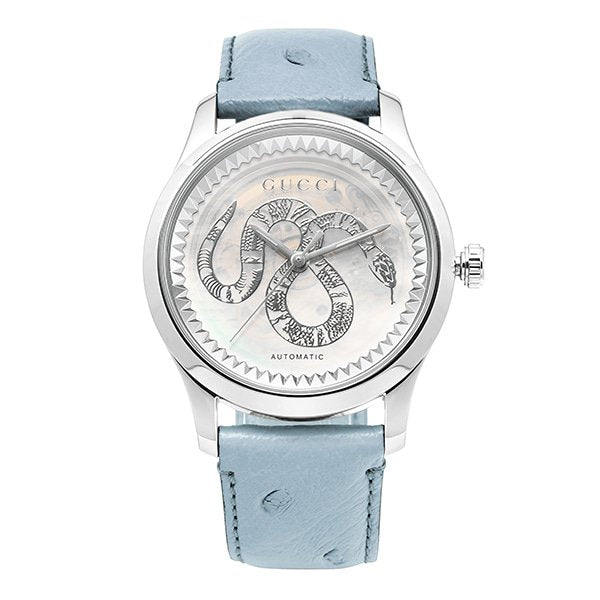 Gucci G Timeless Automatic Mother of Pearl Dial Blue Leather Strap Watch For Women - YA1264113