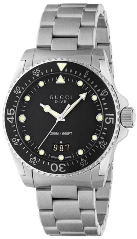  Shop Authentic Gucci Dive Quartz Black Dial Silver Steel Strap Watch For Men - YA136301B - Luxxuri