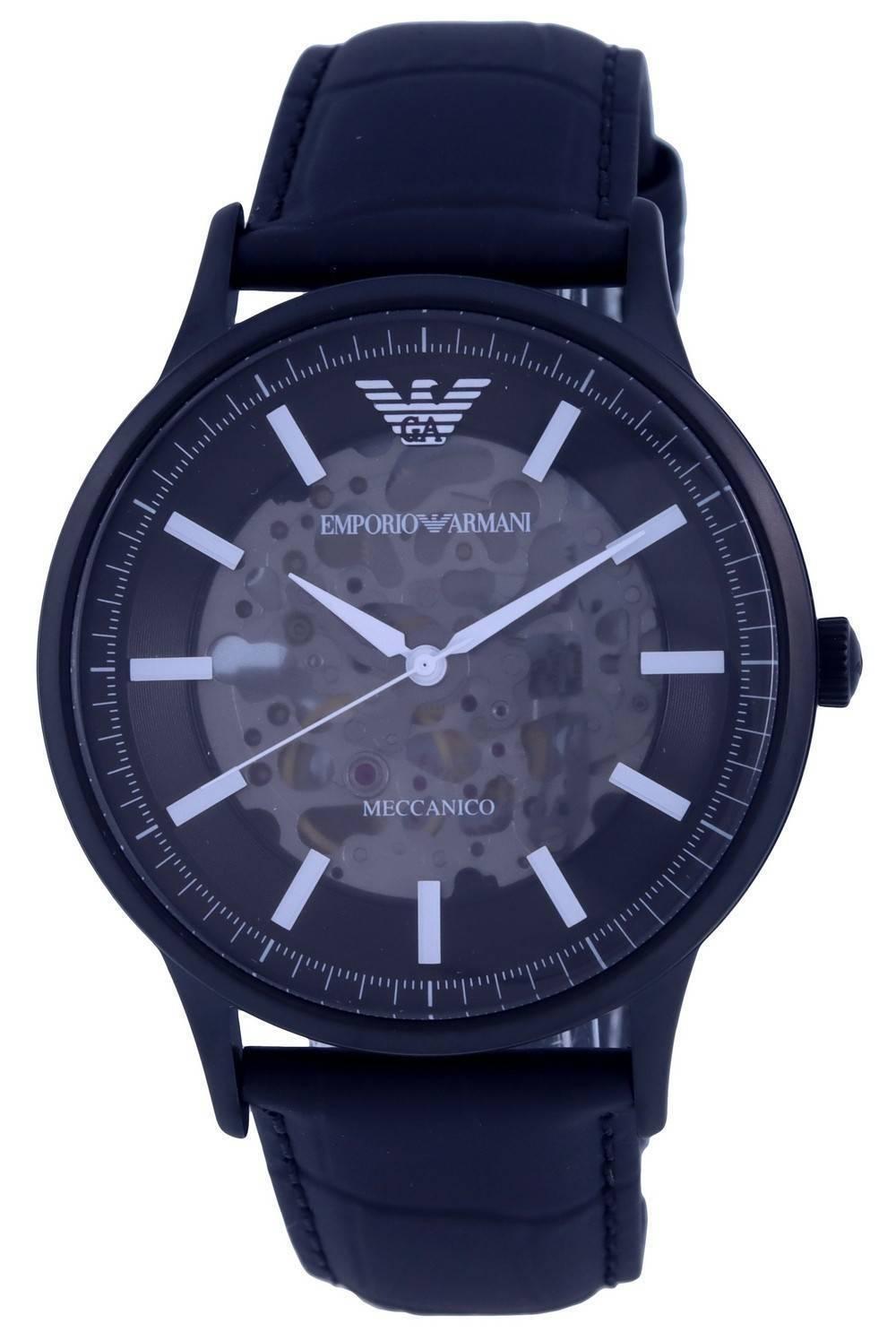 Emporio Armani Meccanico Automatic Skeleton Black Dial Black Leather Strap Watch For Men - AR60042
