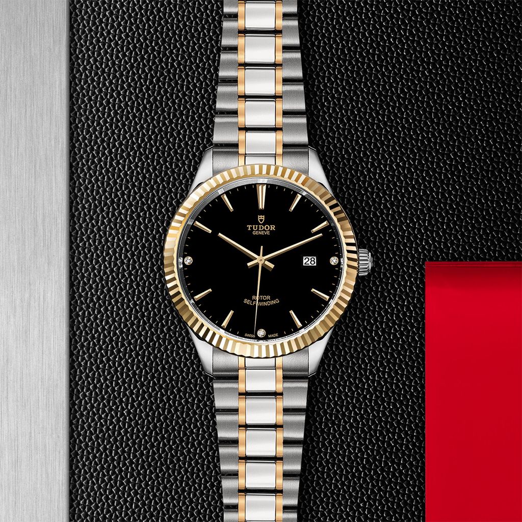 Tudor Style Automatic Diamonds Black Dial Two Tone Steel Strap Watch for Men - M12713-00011