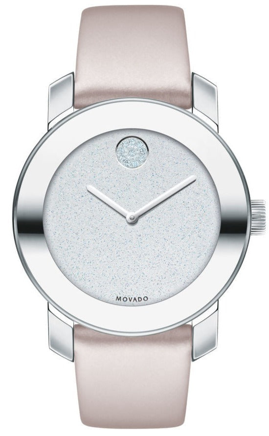 Movado Bold Glitter Silver Dial Pink Leather Strap Watch For Women - 3600522