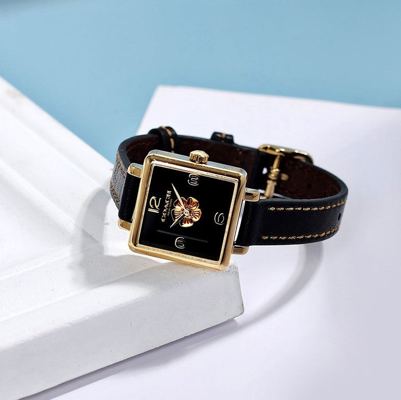 Coach Black Square Dial Black Leather Strap Watch for Women - 14503695