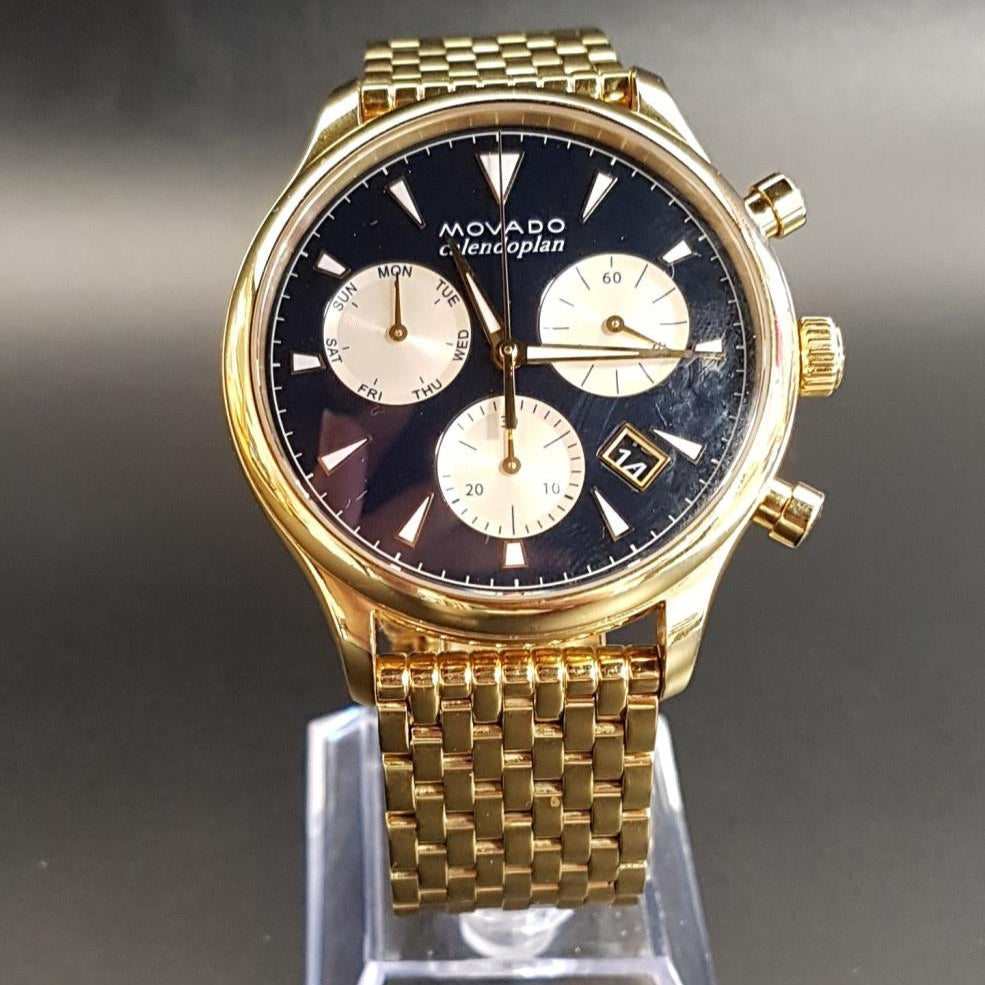 Movado Heritage Calendoplan Blue Dial Gold Steel Strap Watch for Men - 3650015