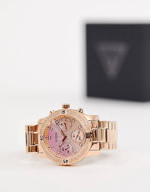 Guess Confetti Pink Dial Rose Gold Steel Strap Watch For Women - W0774L3